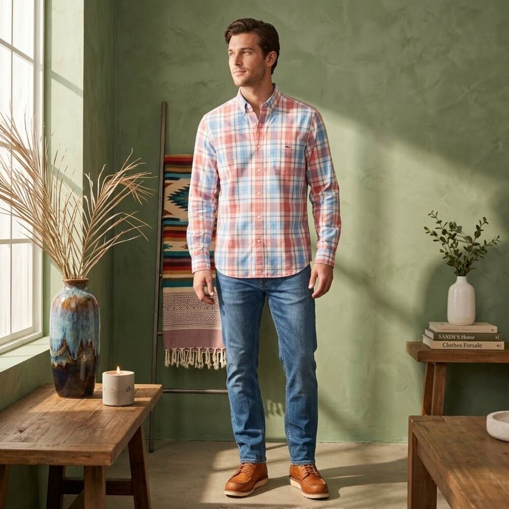 Vineyard Vines Tucker Shirt Mens M Slim Fit Blue Red Plaid Whale Logo Cotton